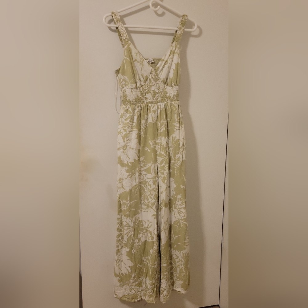 American Eagle Outfitters Sage Green and White Floral Smocked Jumpsuit